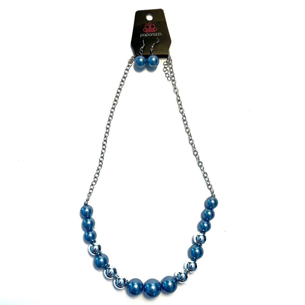 Periwinkle Blue Faux Pearl and Silver Beaded Statement Necklace and Earrings Set